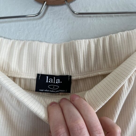 Dressed in LALA Small Cream Colored High-Waisted Wide Leg Ribbed Pants - Picture 7 of 8